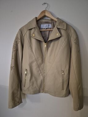 Marc New York Cream Leather Zip Jacket with Floral Embroidery
